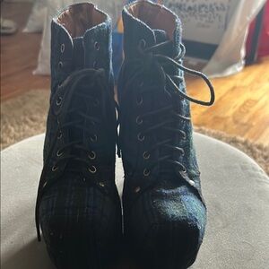Jeffrey Campbell Blue and Green Lace Up Boots with Platform Heel